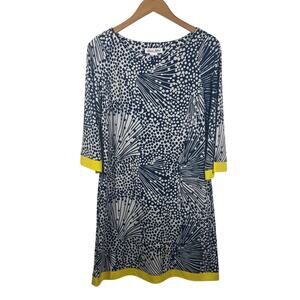 Laura Jeffries Dress Women Size 10 Blue White Yellow Geometric Spring 3/4 Sleeve